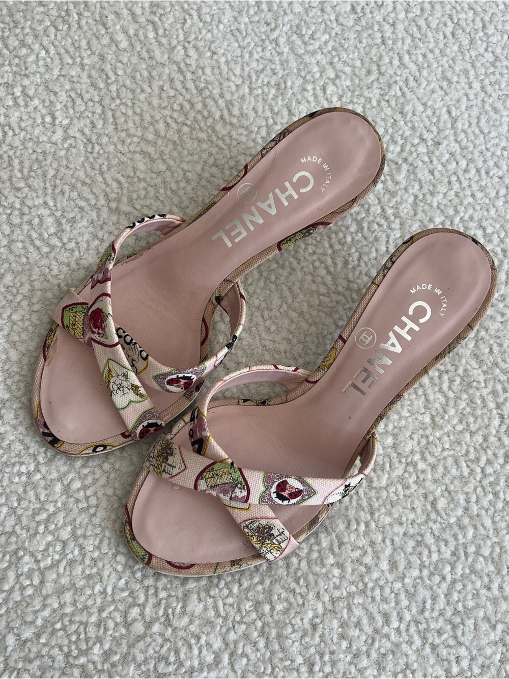Vintage Chanel Spring 2006 Valentine Heart Print Mules Sandals